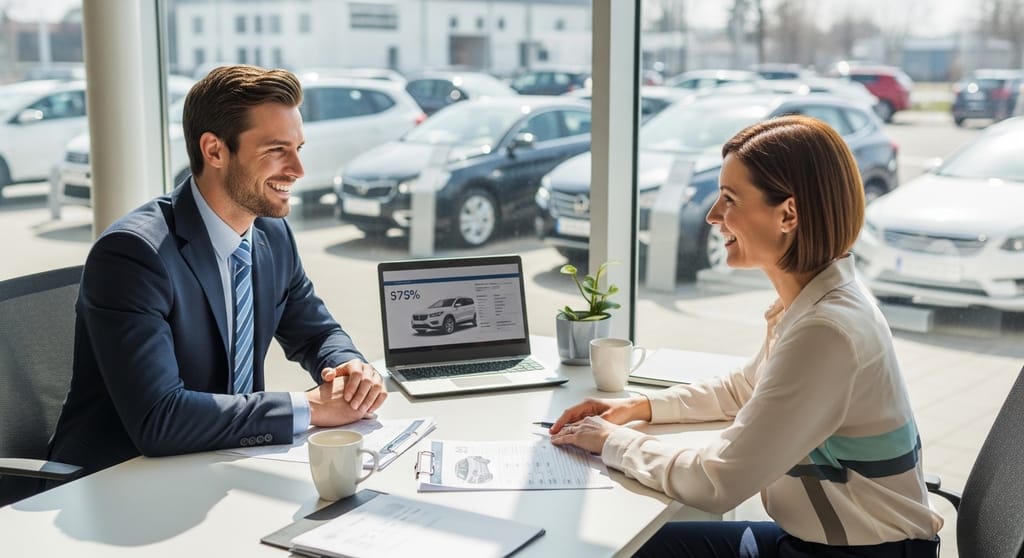 Car buyer discussing used car pricing at a dealership