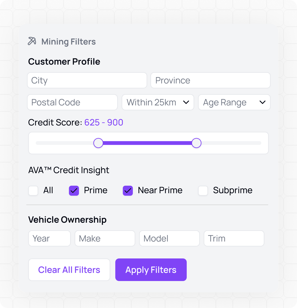 Mining filters panel with customer profile, credit score range, and vehicle ownership fields