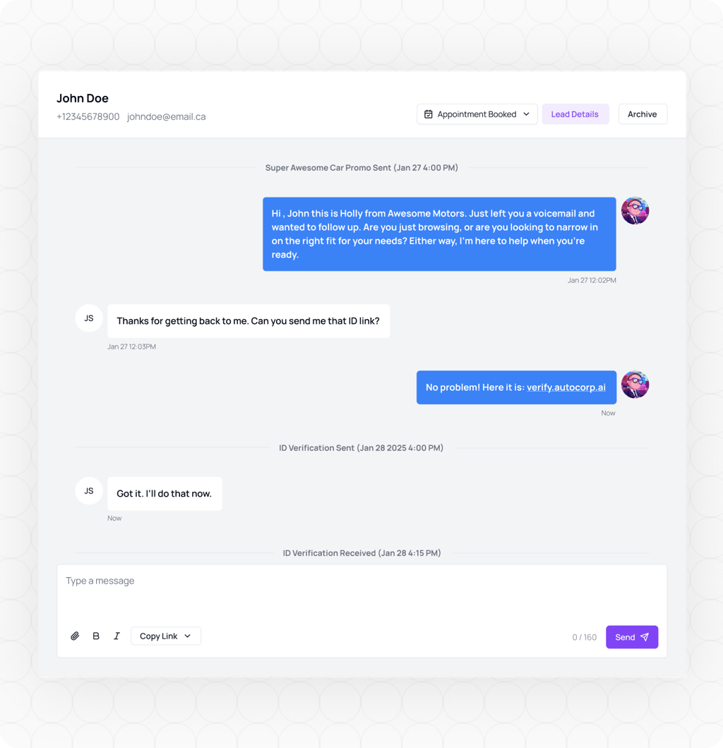 Unified SMS inbox thread with a lead, showing an ID verification link and appointment booked status
