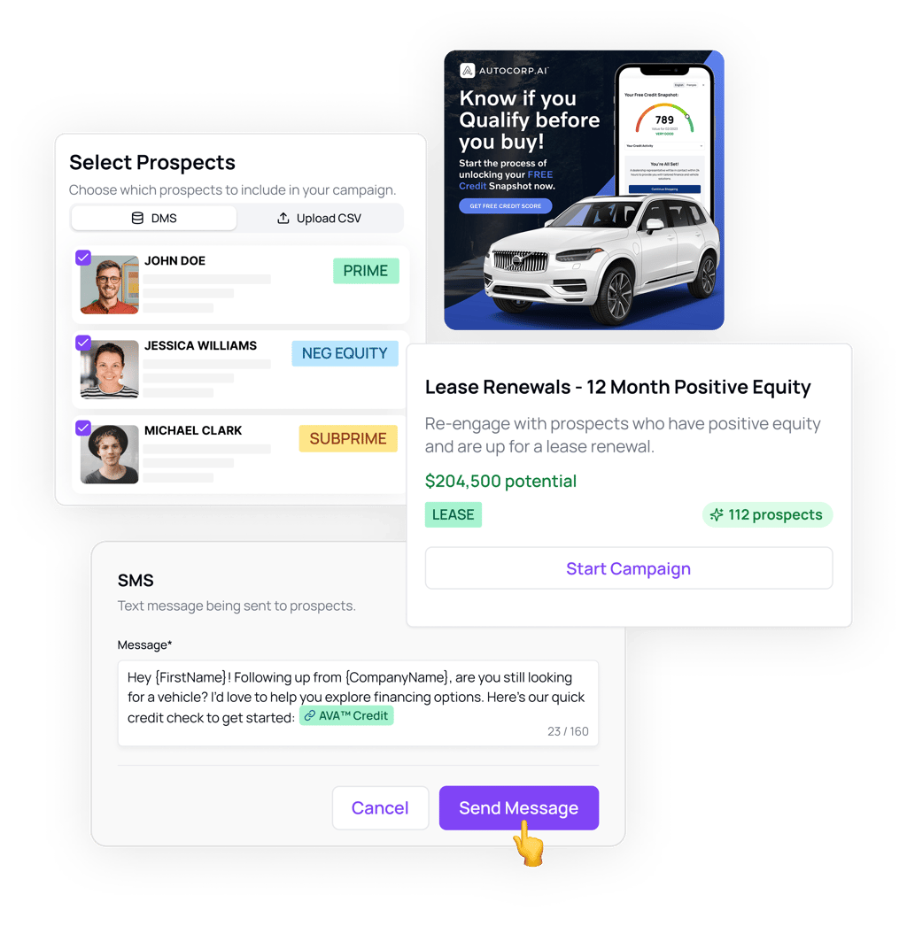 Campaigns dashboard, prospect selection, SMS message, and lease renewal campaign with equity potential