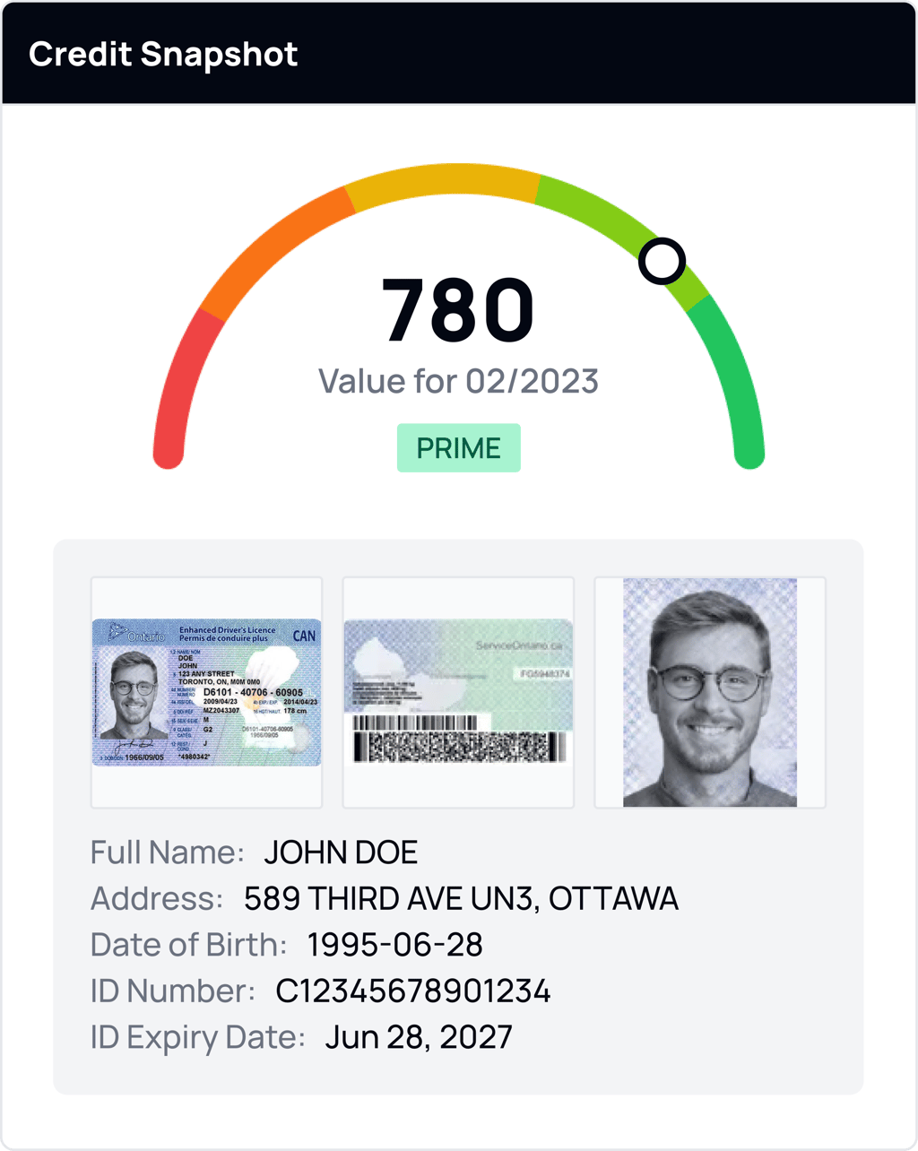 Credit Snapshot with verified identity, driver's licence and selfie match alongside the credit score