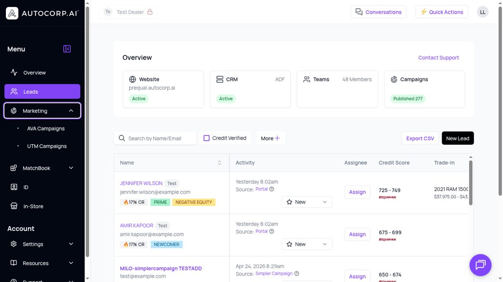 Lead detail with Credit, Trade, ID, and MatchBook in one workflow