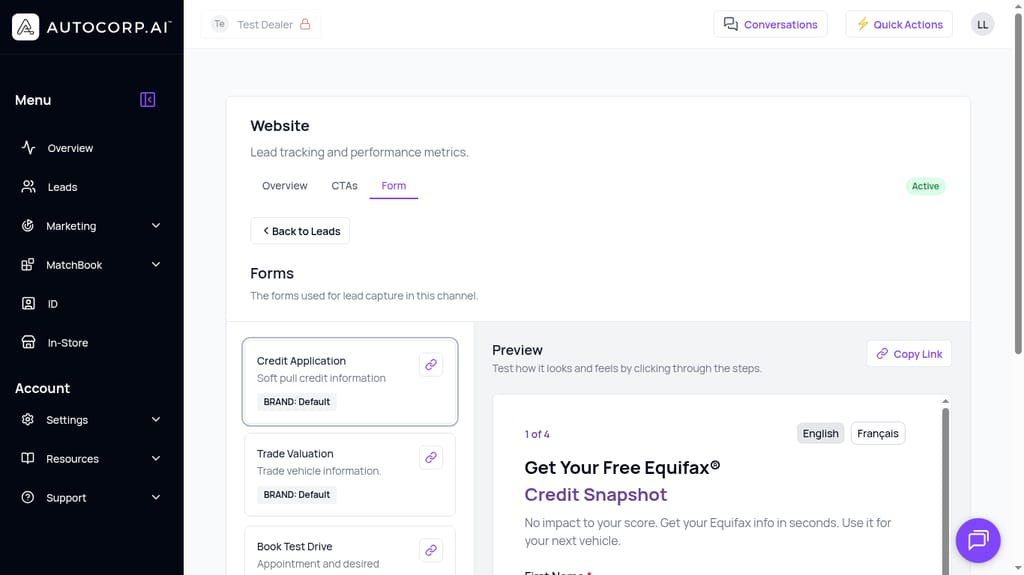 The Forms configuration screen in AVA showing Book Test Drive alongside Credit Application and Trade Valuation forms, with a live 4-step preview on the right