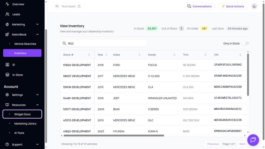 AVA MatchBook Inventory page showing In Stock 29,957, Out of Stock 1, On Order 387, and Last Sync 29 minutes ago status chips with searchable vehicle table