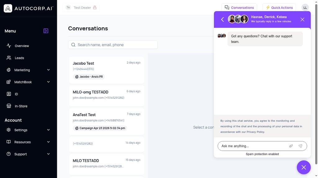 Conversations hub showing threads tied to campaigns, searchable by name, email, and phone