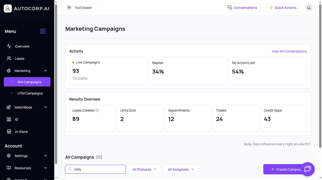 Searching for a specific campaign by name in AVA Campaigns with Status and Assignee filters