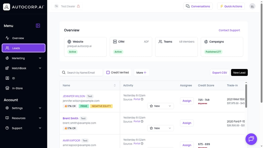 Autocorp AVA Leads list showing multiple leads with Equifax credit score ranges, trade-in vehicles, and Black Book value ranges, plus PRIME and NEGATIVE EQUITY badges for quick prioritization
