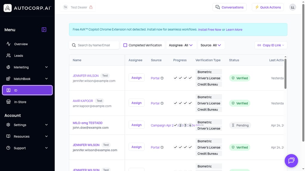 AVA ID Verification dashboard showing biometric, driver's license, and credit bureau verification statuses