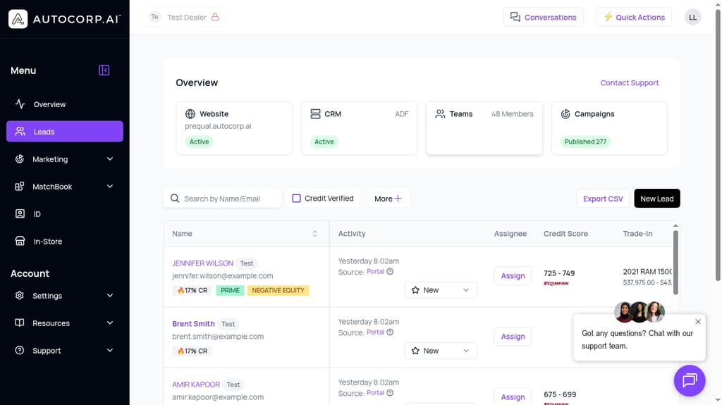 Leads dashboard showing credit tier and trade-in value on the same row