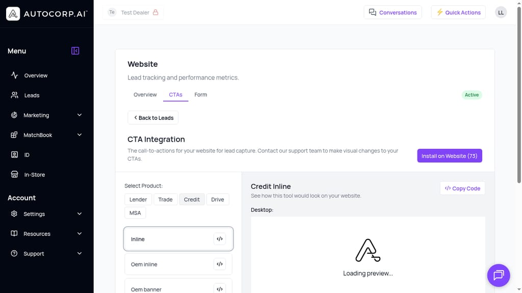 Dealership channel showing Credit, Trade, and Book Test Drive forms available in one flow