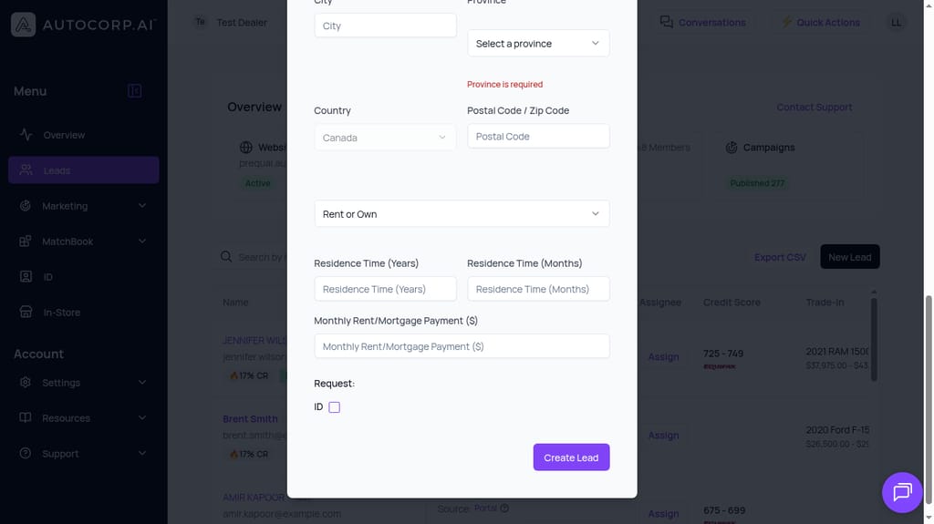 Address fields in the lead creation flow